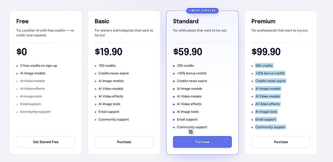 Pricing screenshot