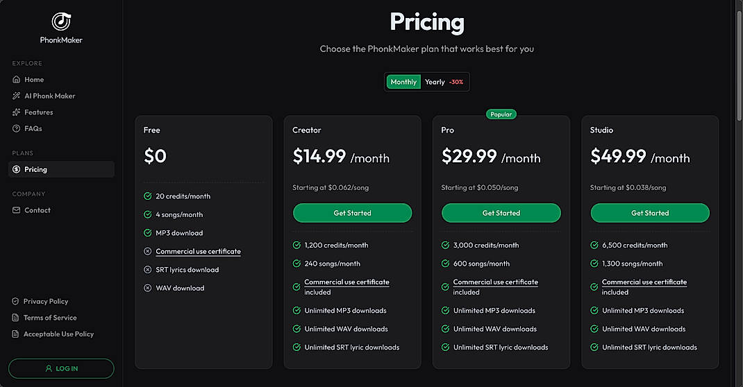 Pricing screenshot