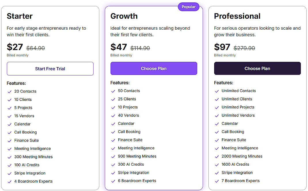 Pricing screenshot