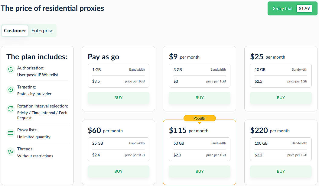Pricing screenshot