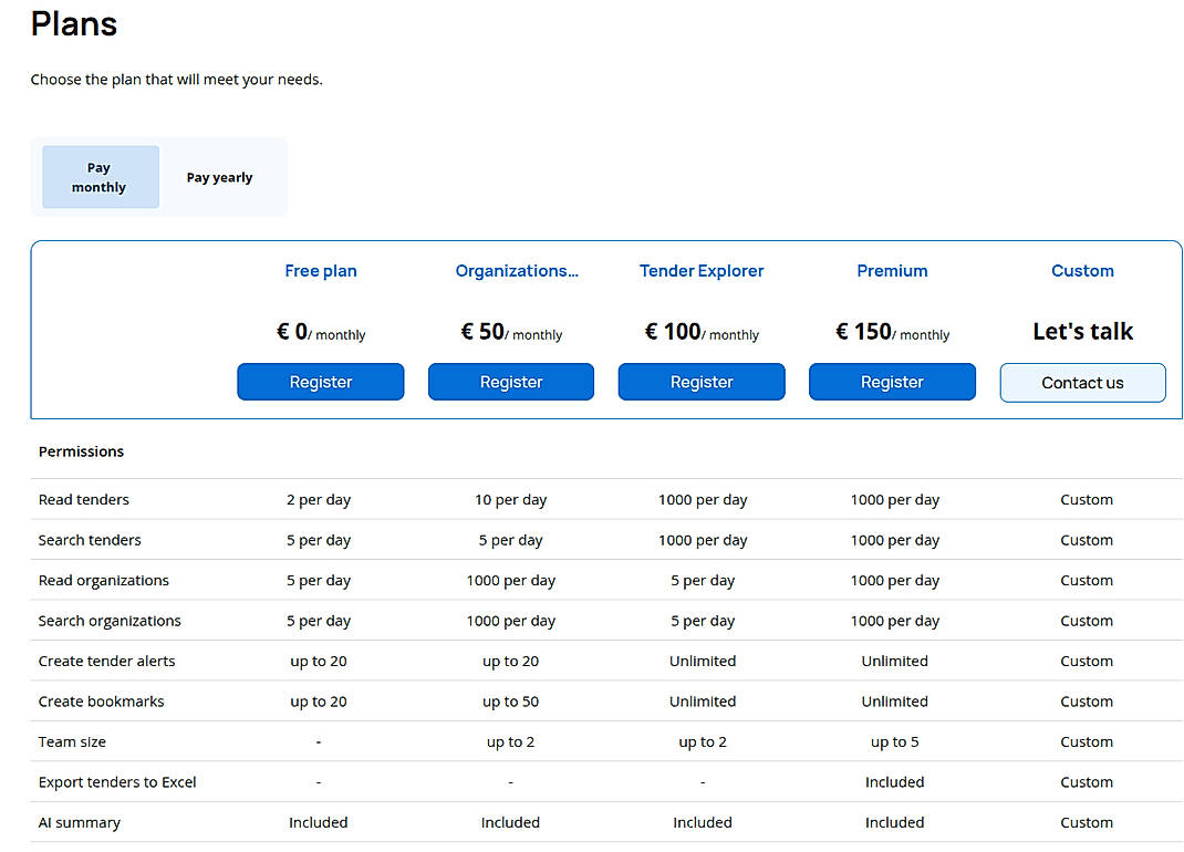 Pricing screenshot