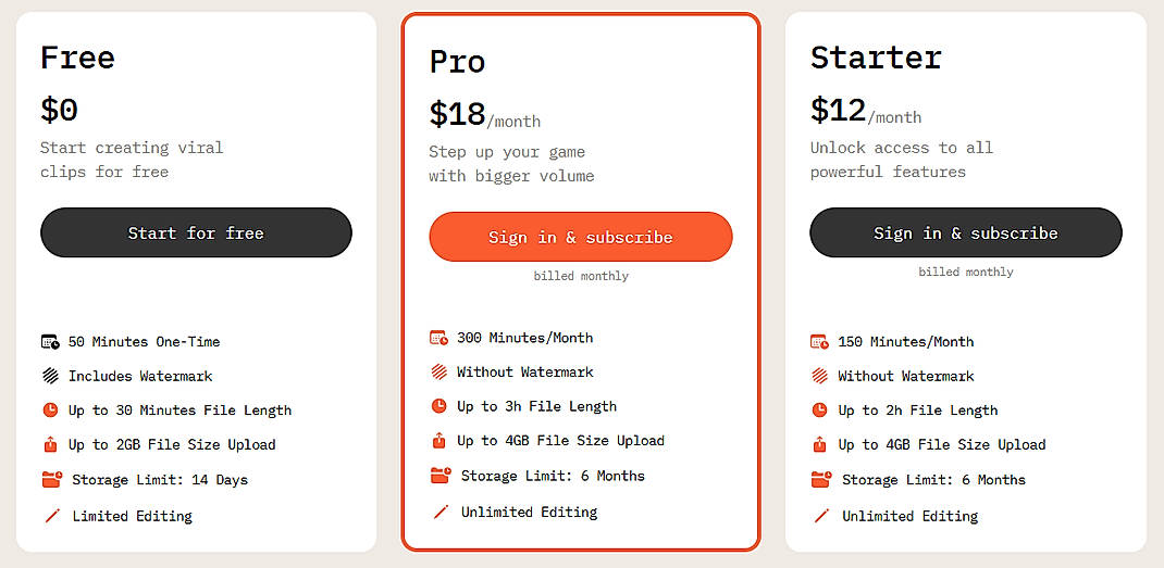 Pricing screenshot