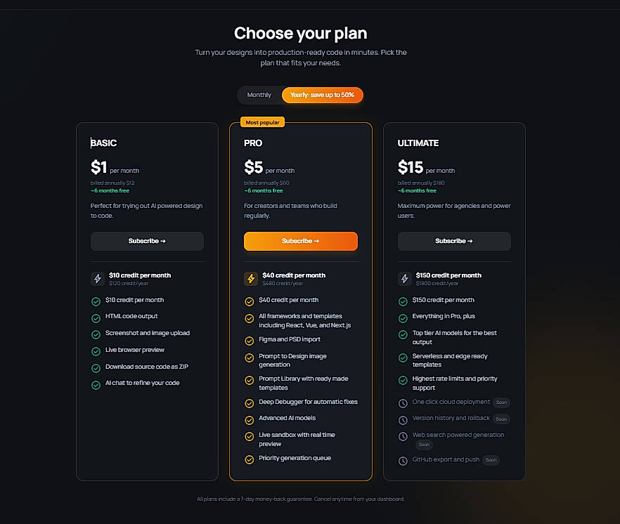 Pricing screenshot