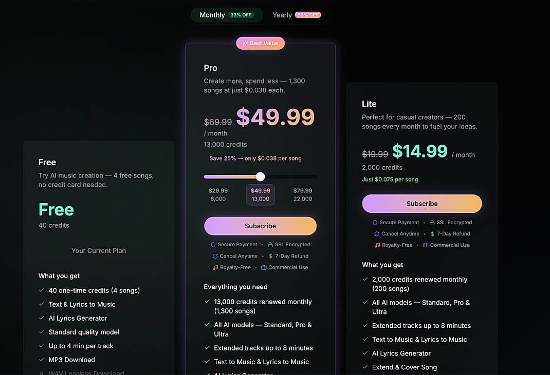 Pricing screenshot
