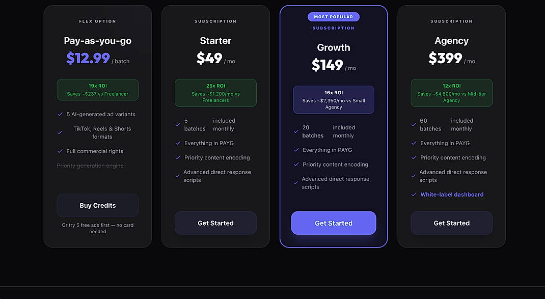 Pricing screenshot