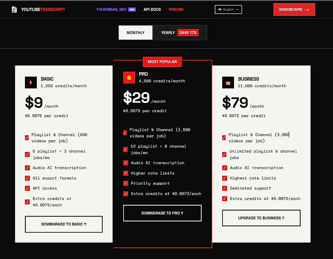 Pricing screenshot