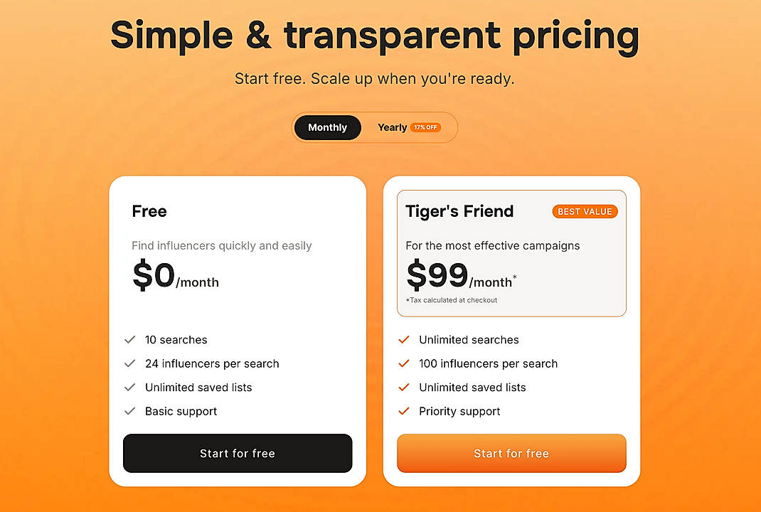 Pricing screenshot