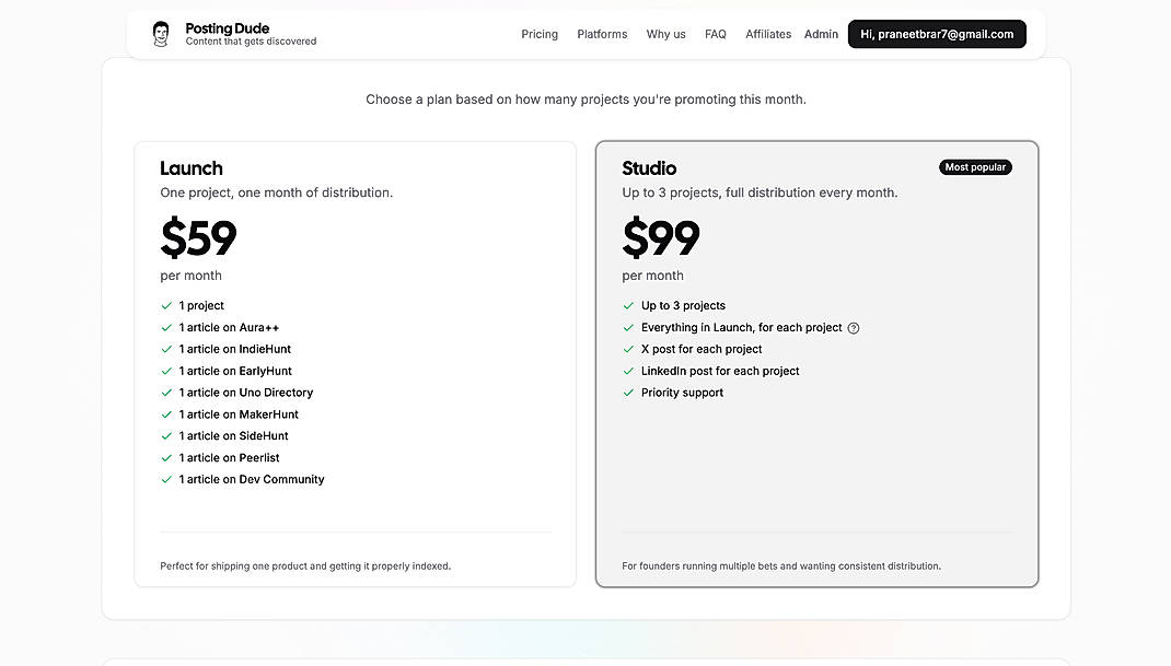 Pricing screenshot