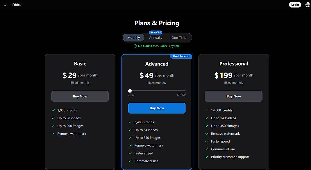 Pricing screenshot