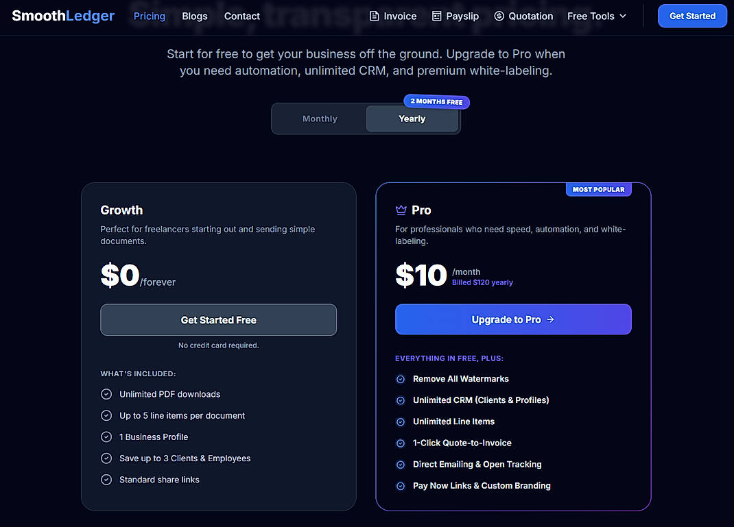 Pricing screenshot
