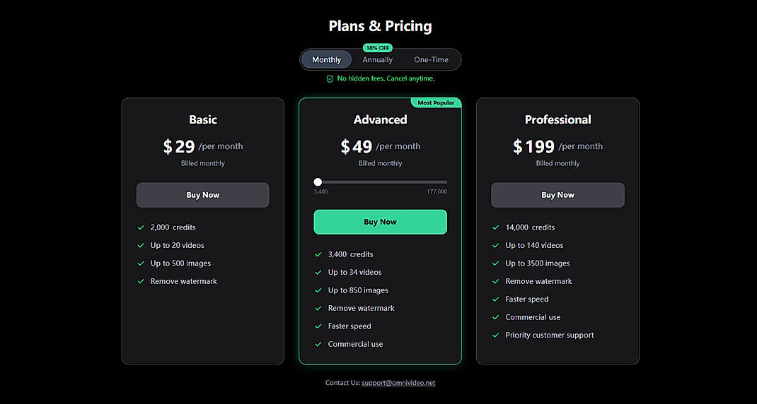 Pricing screenshot