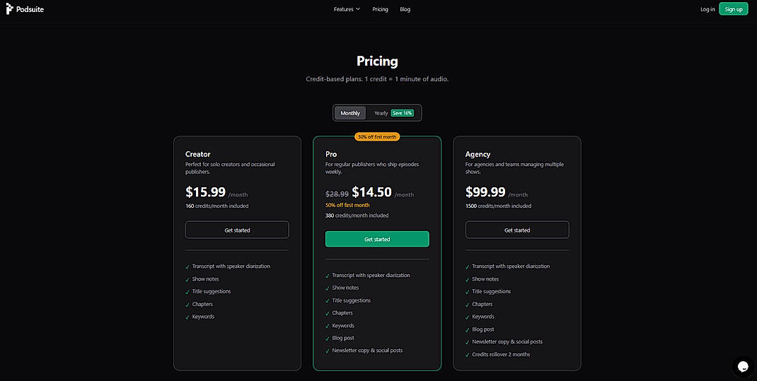 Pricing screenshot
