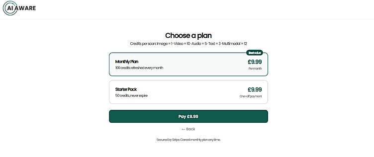 Pricing screenshot