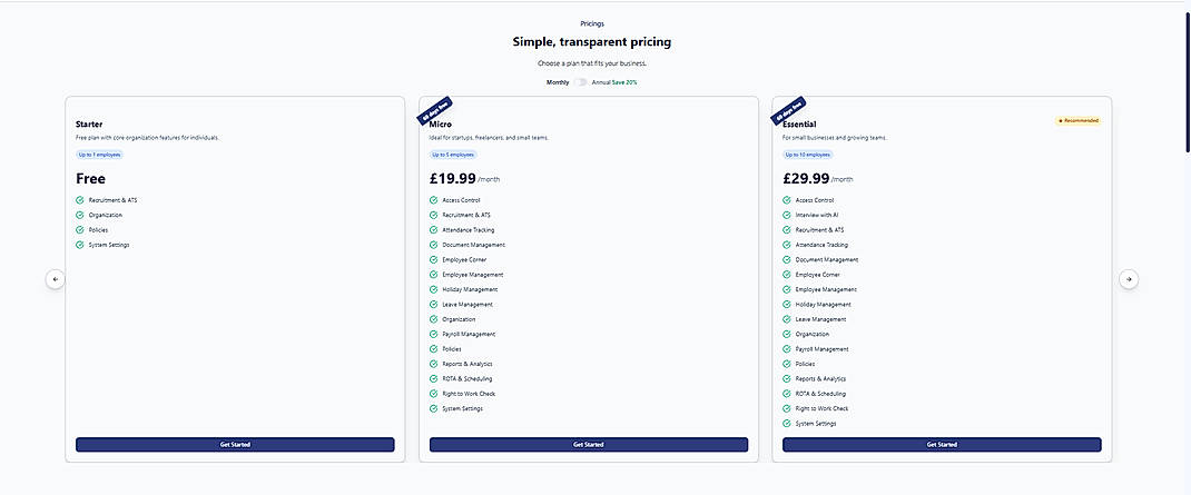 Pricing screenshot