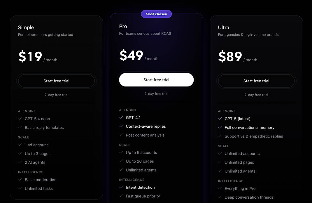 Pricing screenshot
