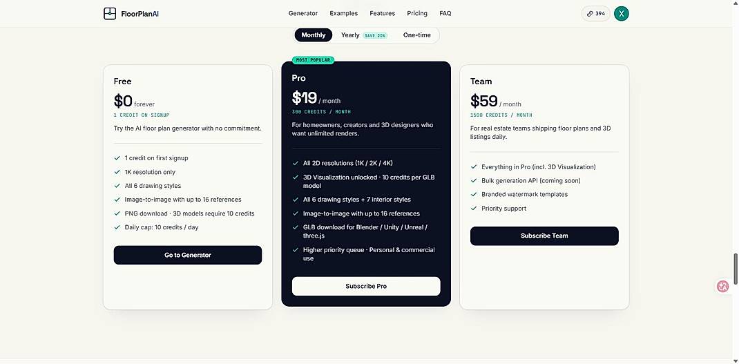 Pricing screenshot