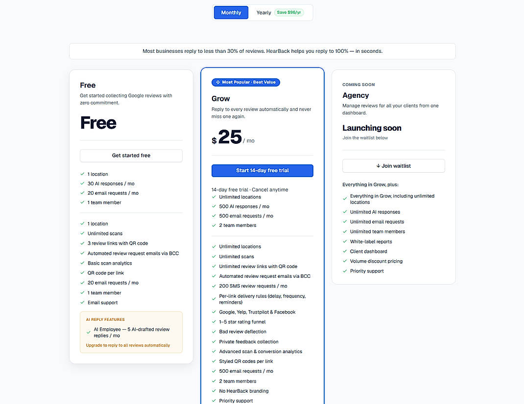 Pricing screenshot