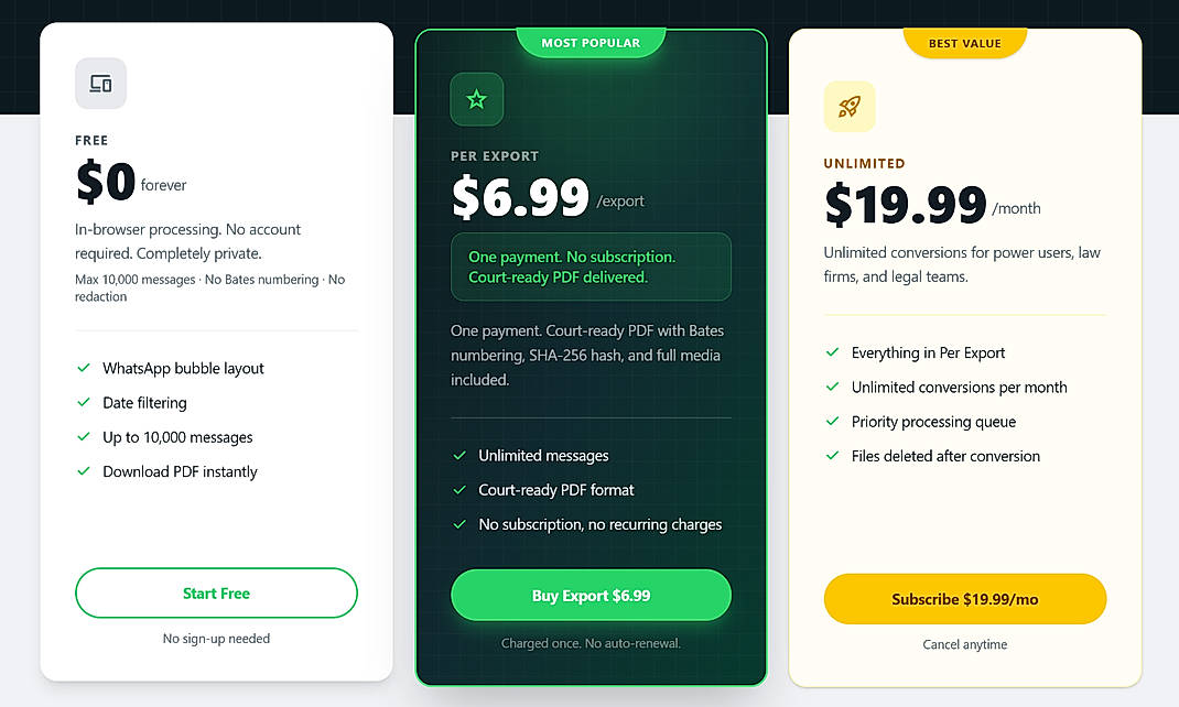 Pricing screenshot