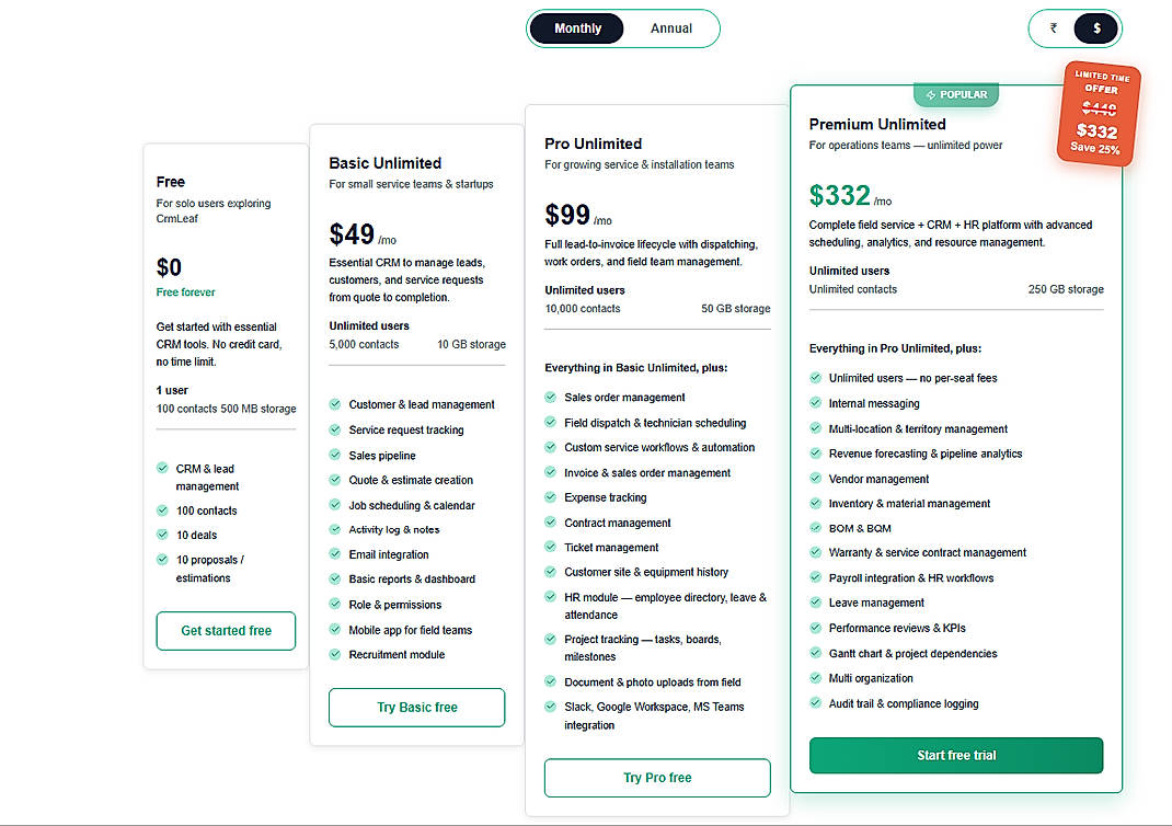 Pricing screenshot