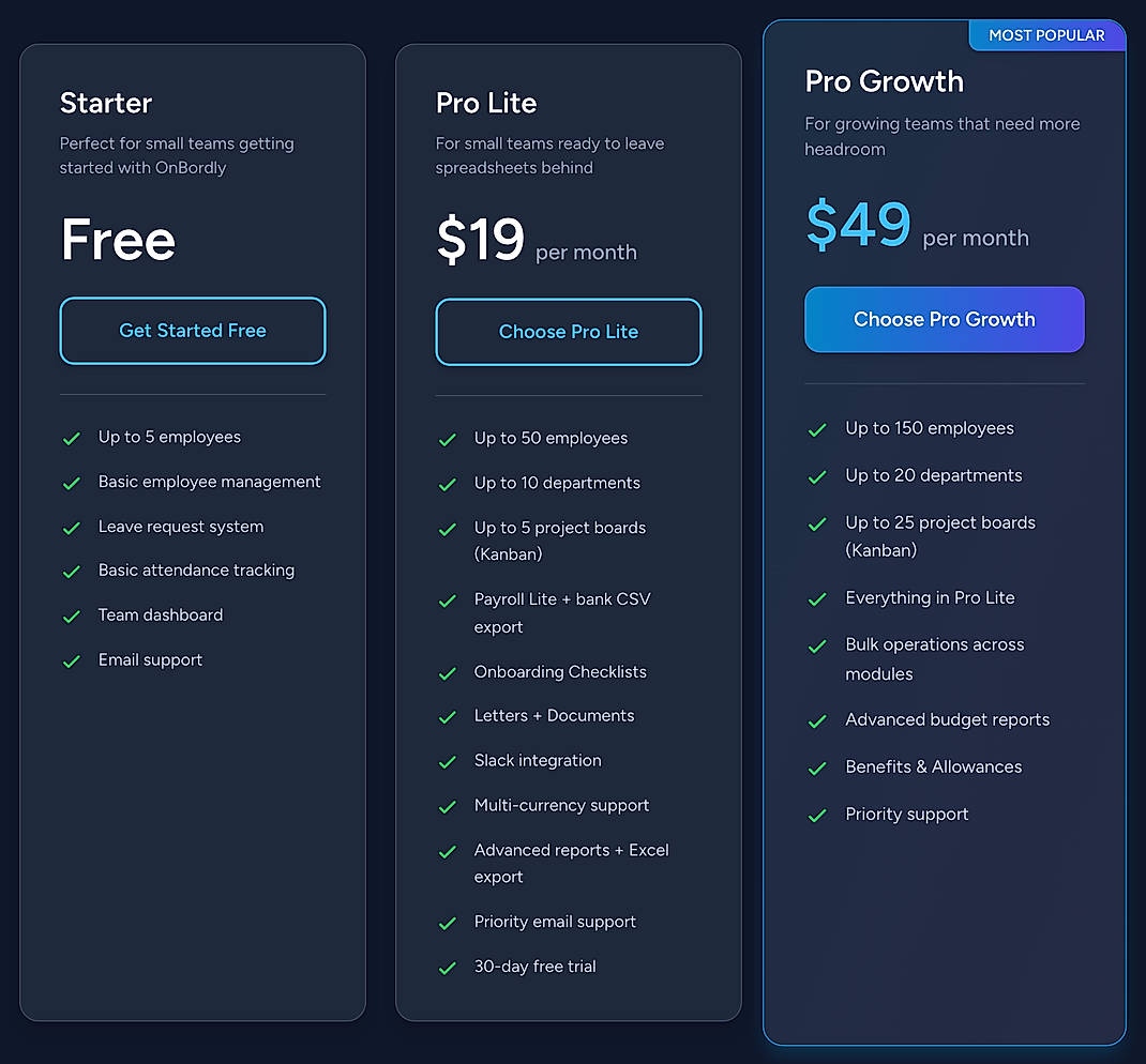 Pricing screenshot