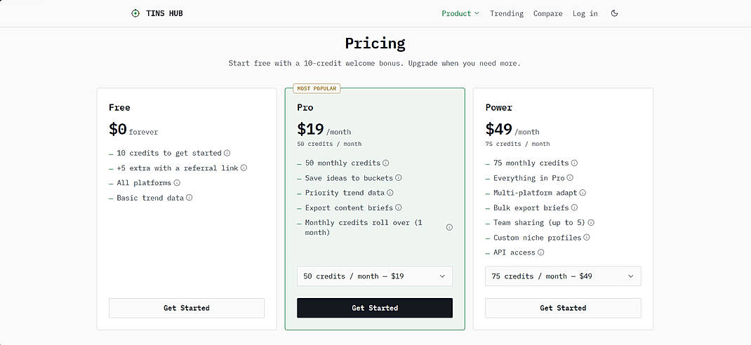 Pricing screenshot