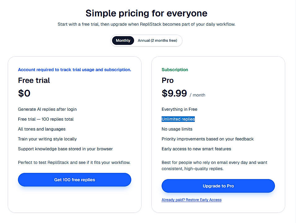 Pricing screenshot