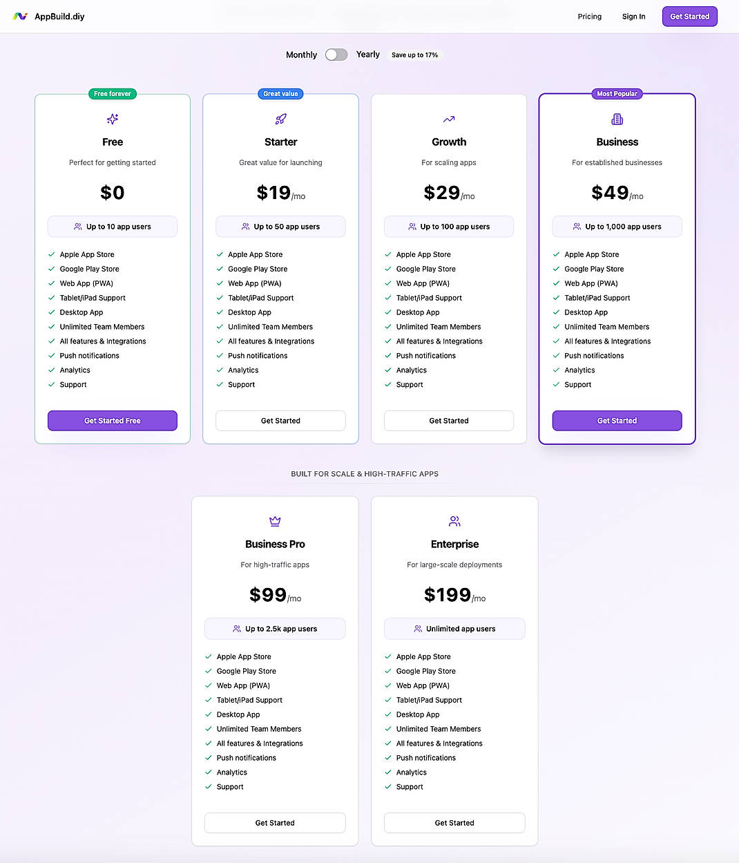Pricing screenshot
