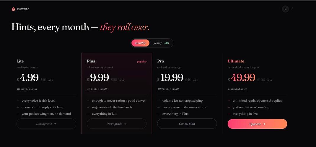 Pricing screenshot