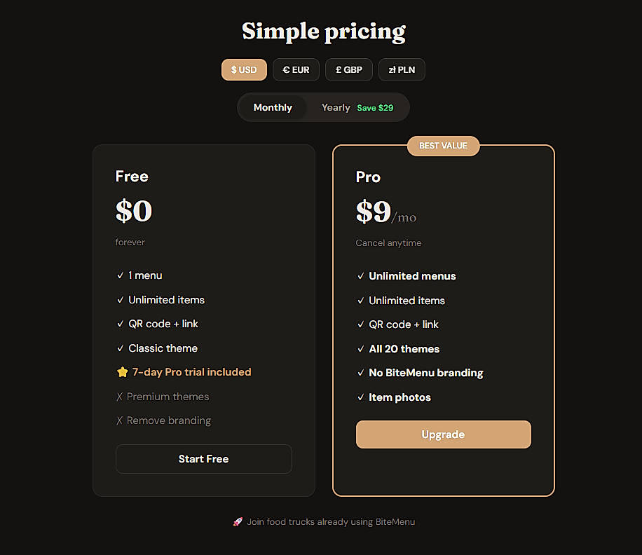 Pricing screenshot