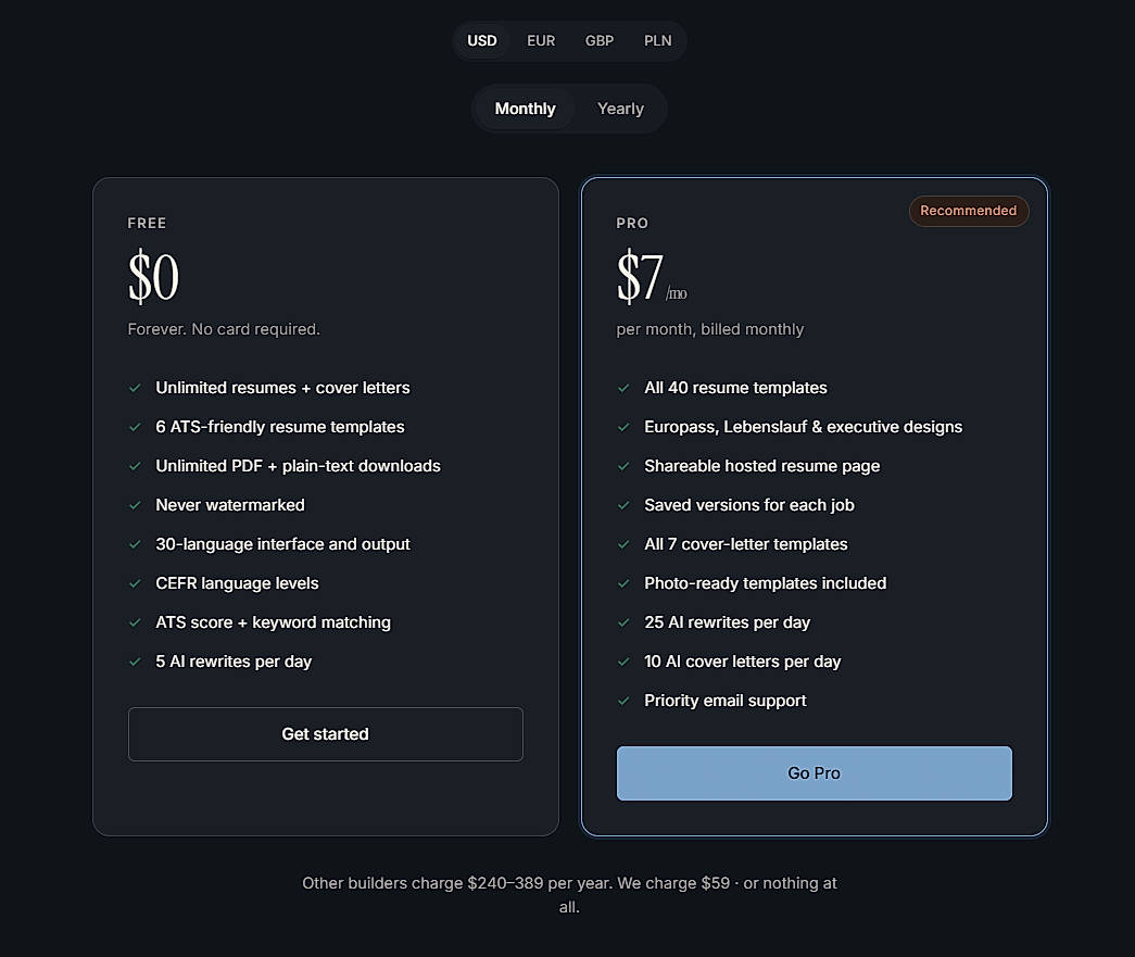 Pricing screenshot