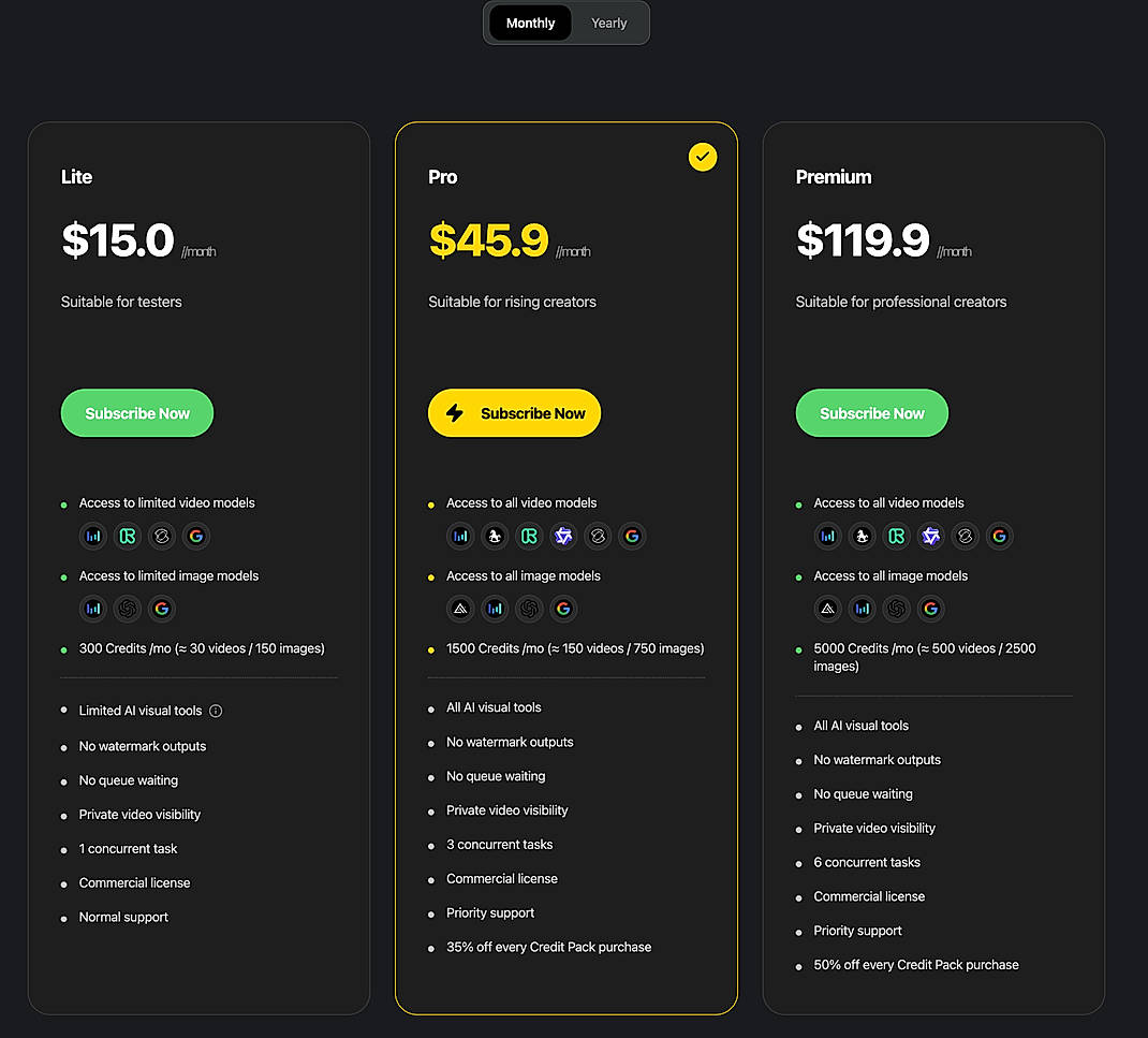 Pricing screenshot