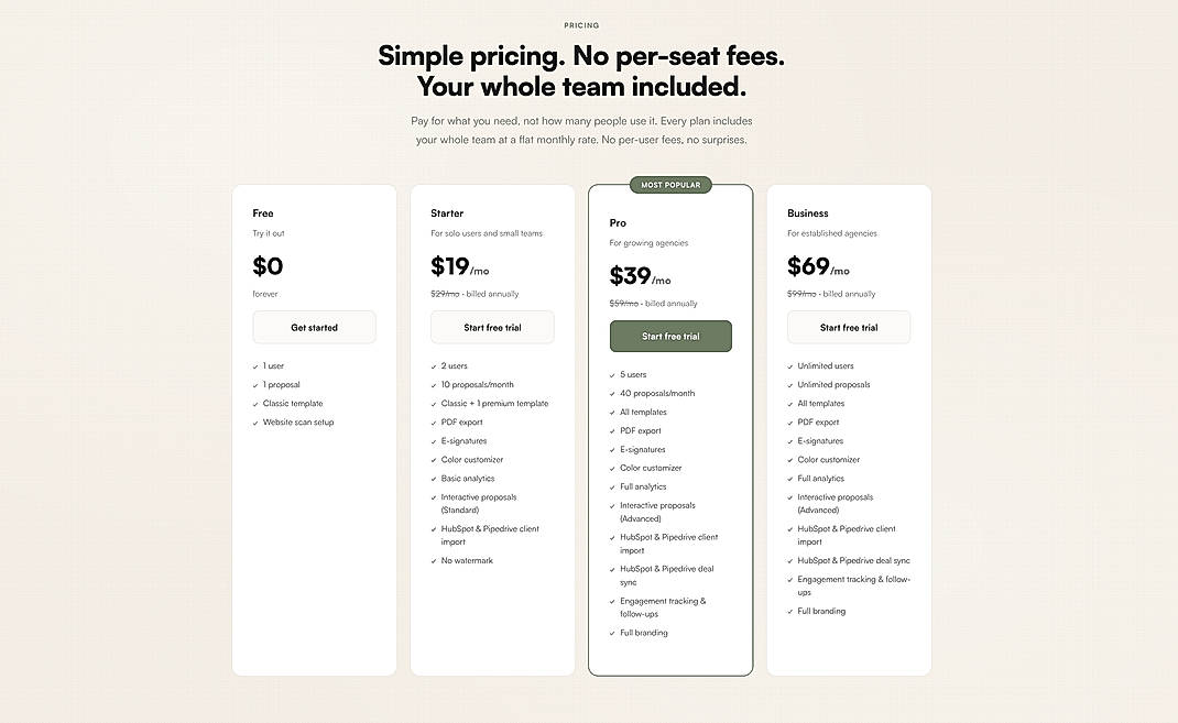 Pricing screenshot