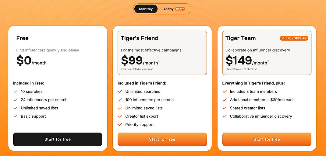 Pricing screenshot