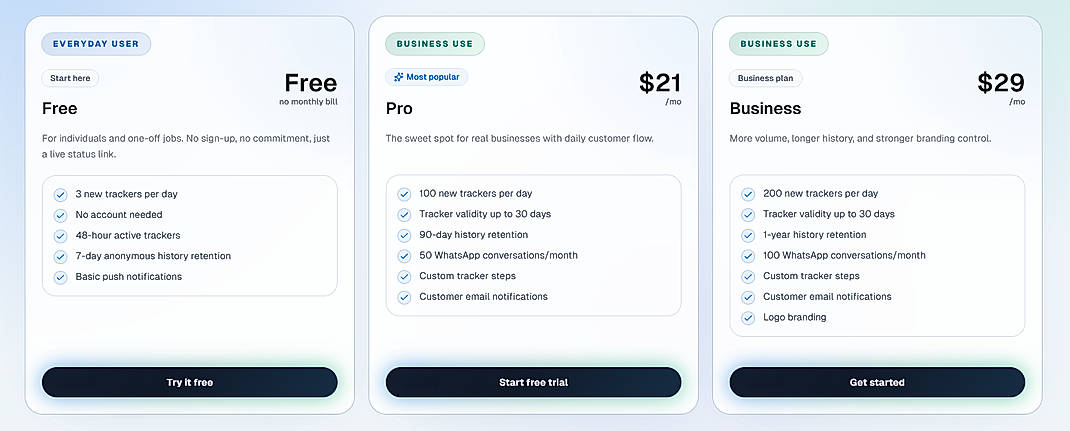 Pricing screenshot