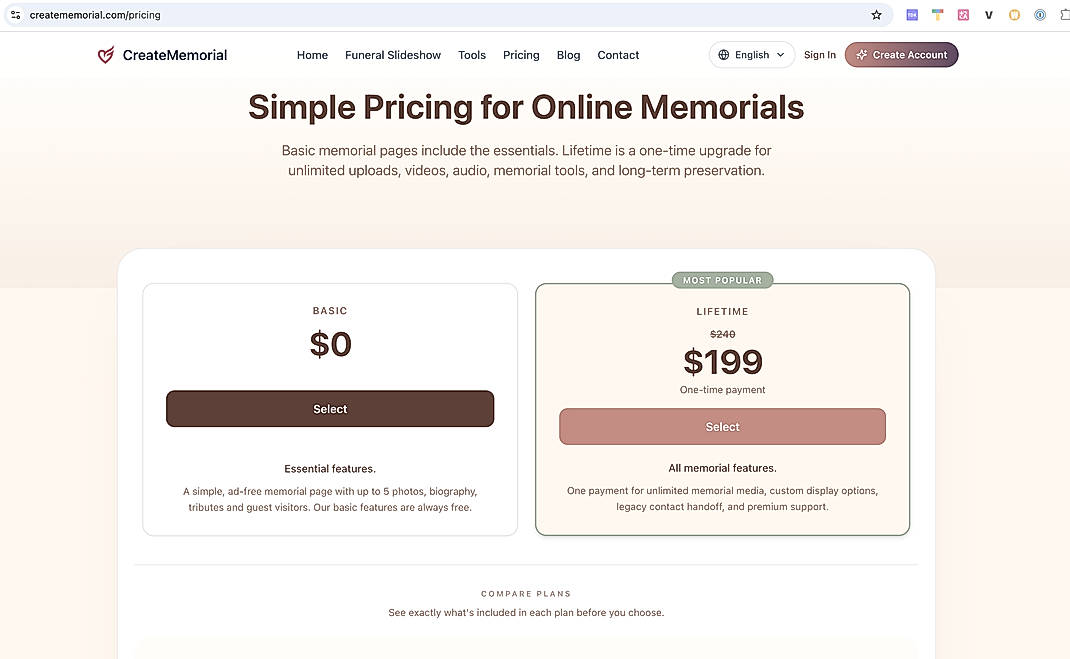 Pricing screenshot
