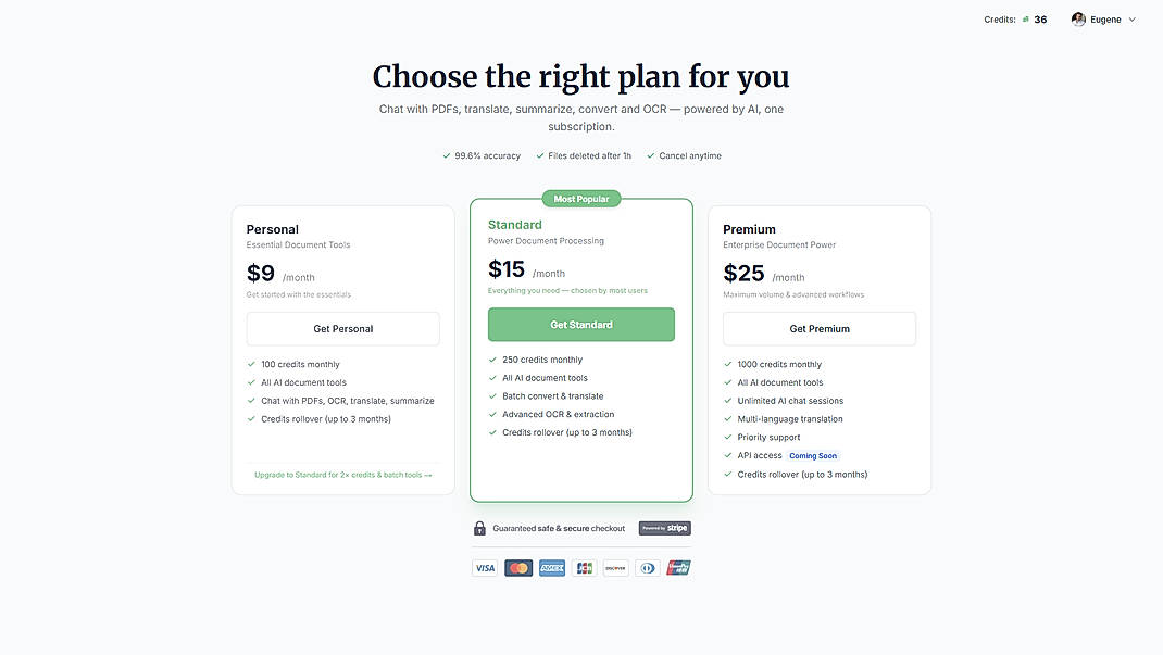 Pricing screenshot
