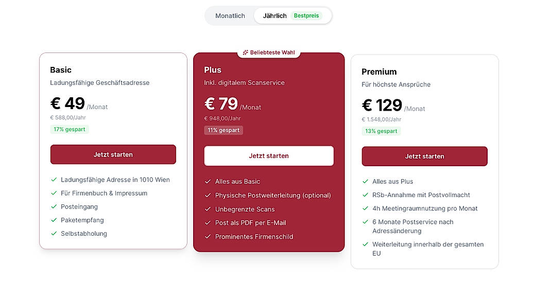 Pricing screenshot