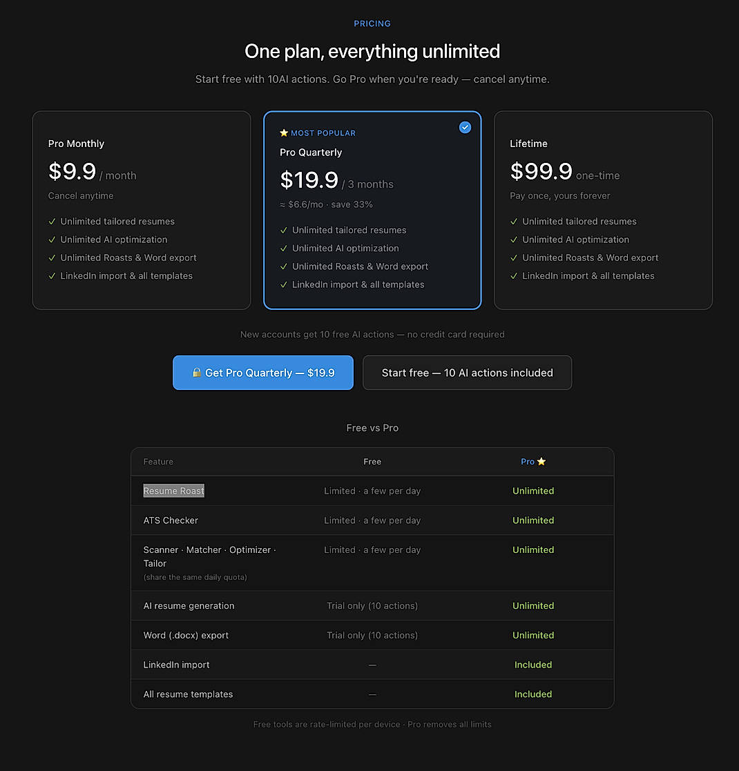Pricing screenshot