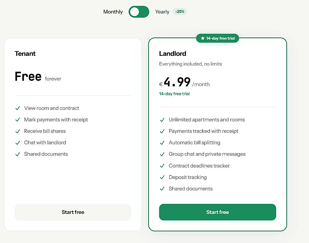 Pricing screenshot