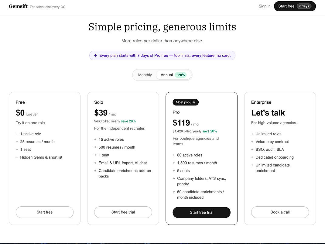 Pricing screenshot