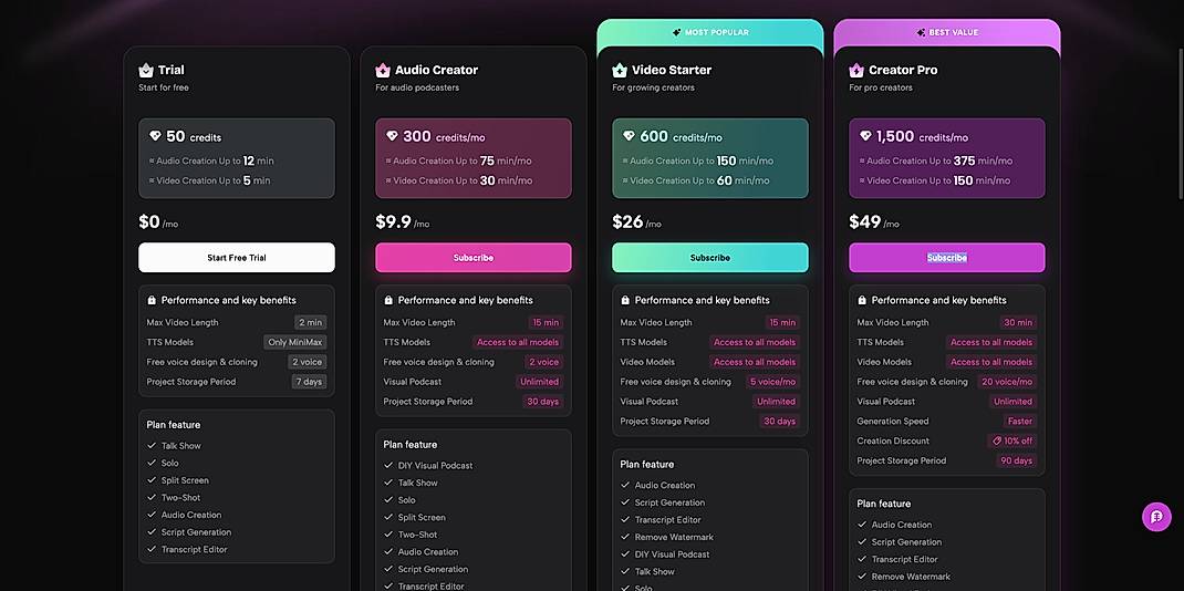 Pricing screenshot