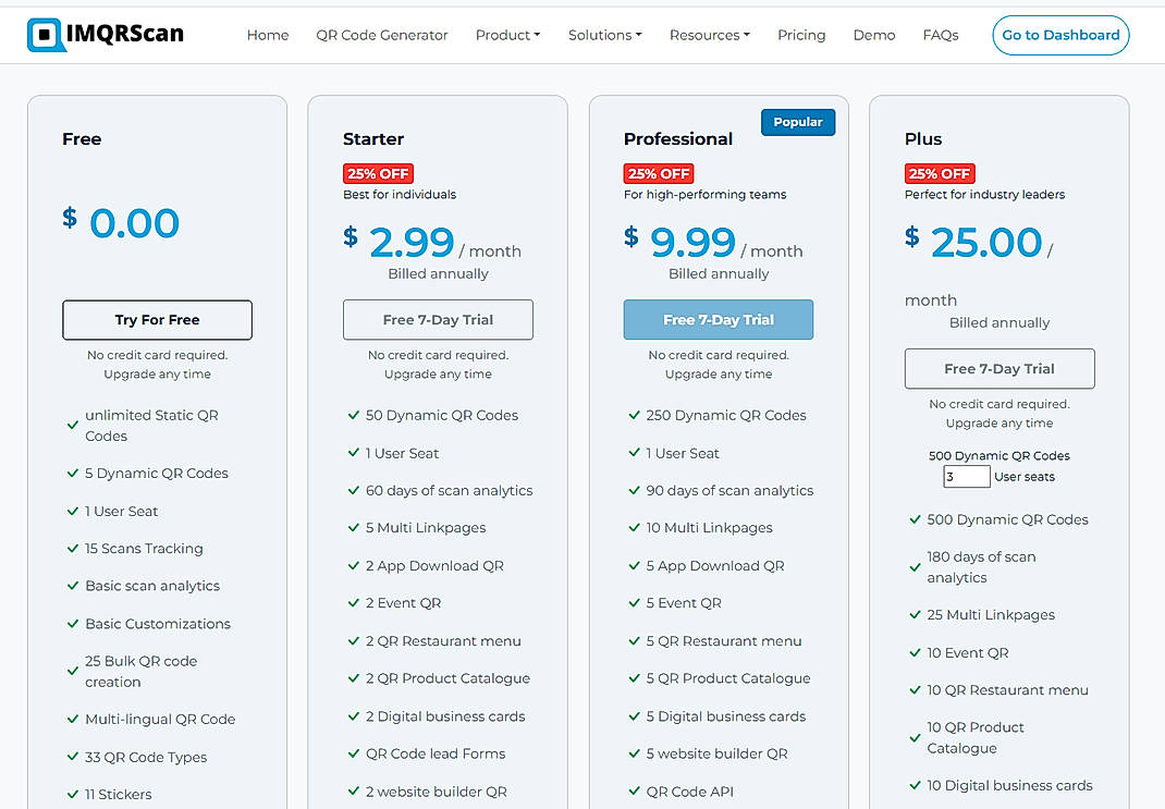 Pricing screenshot