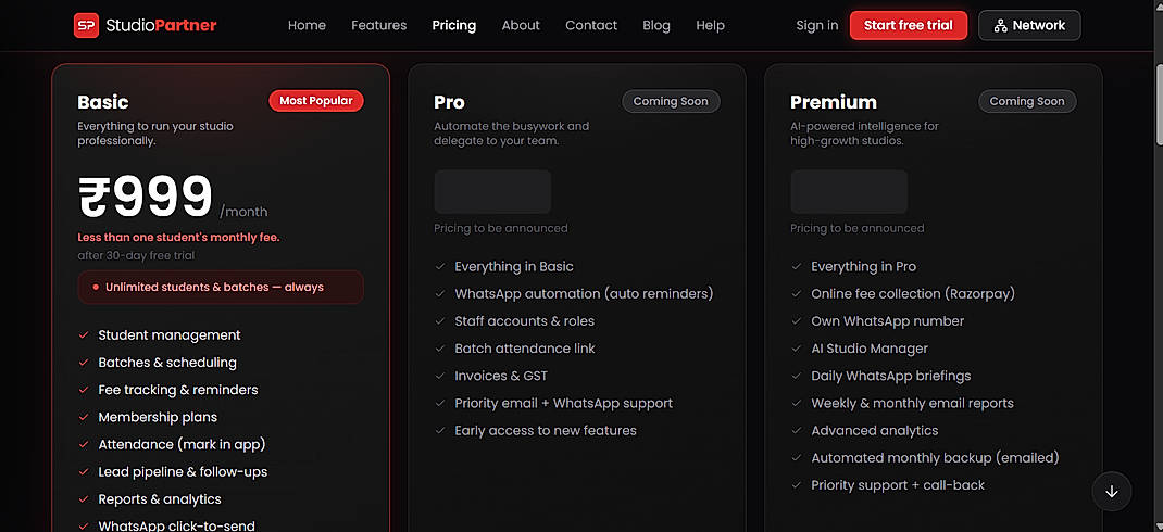 Pricing screenshot