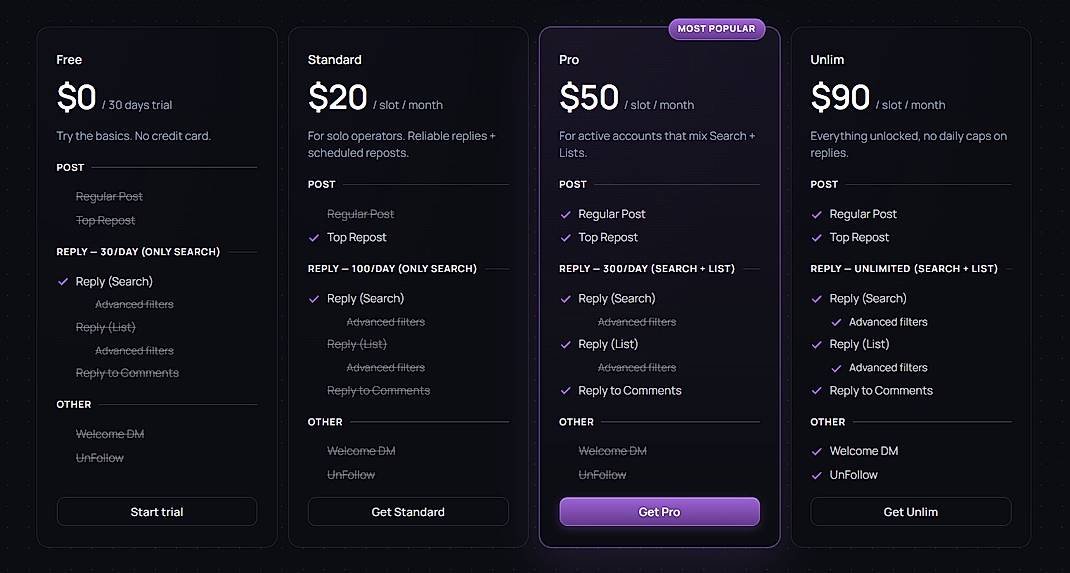Pricing screenshot