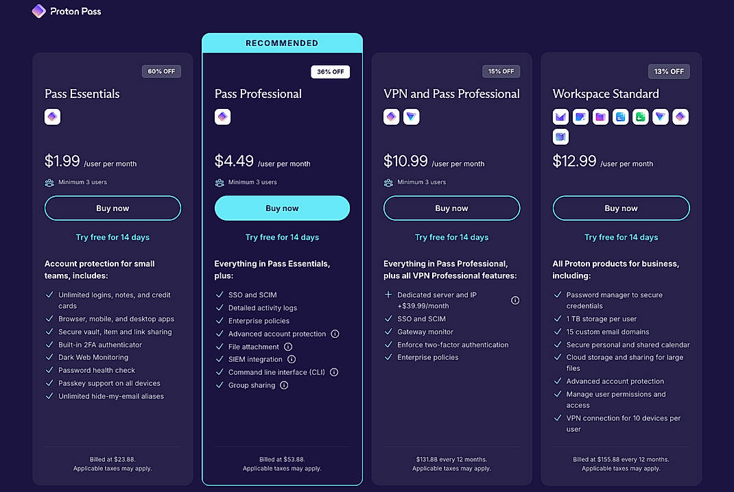 Pricing screenshot