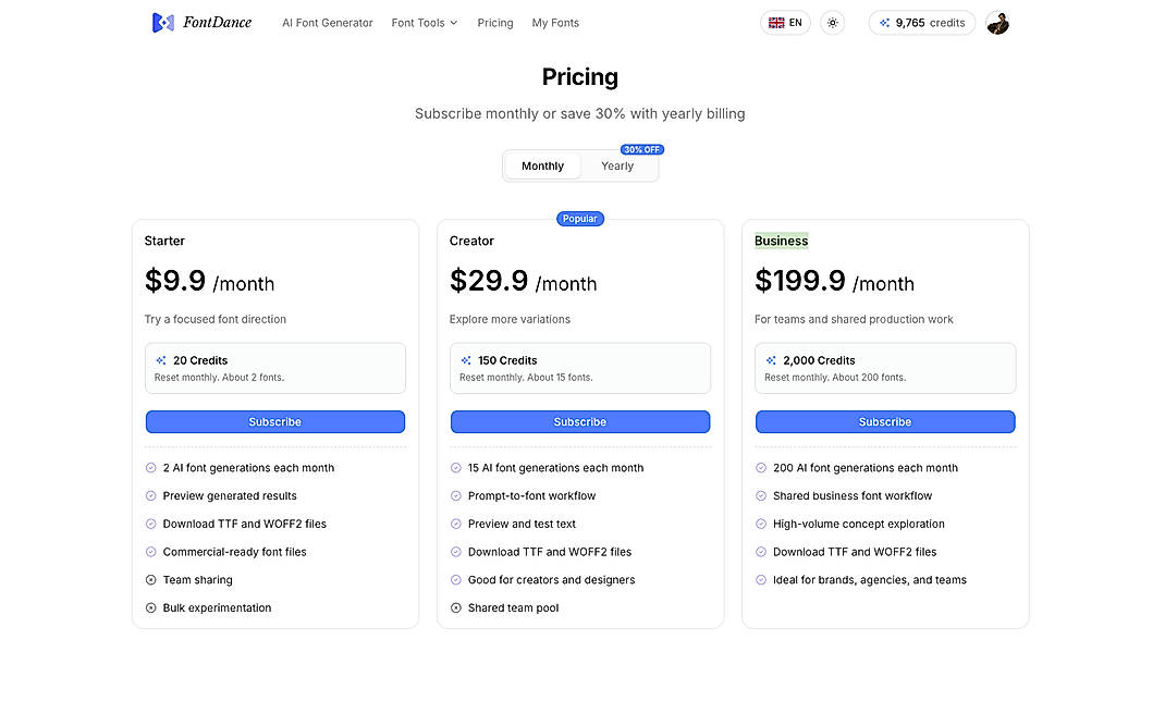 Pricing screenshot