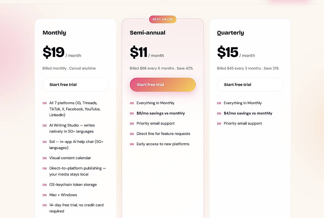 Pricing screenshot