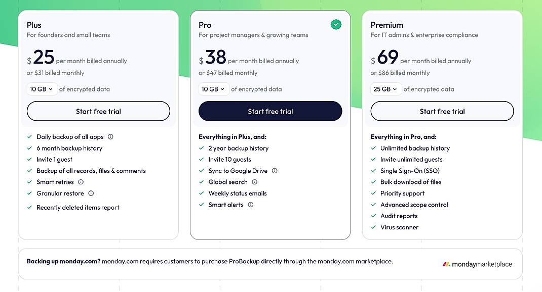 Pricing screenshot