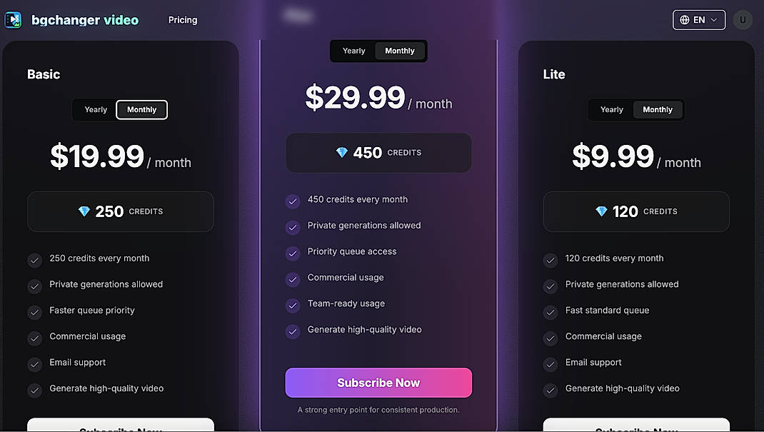 Pricing screenshot