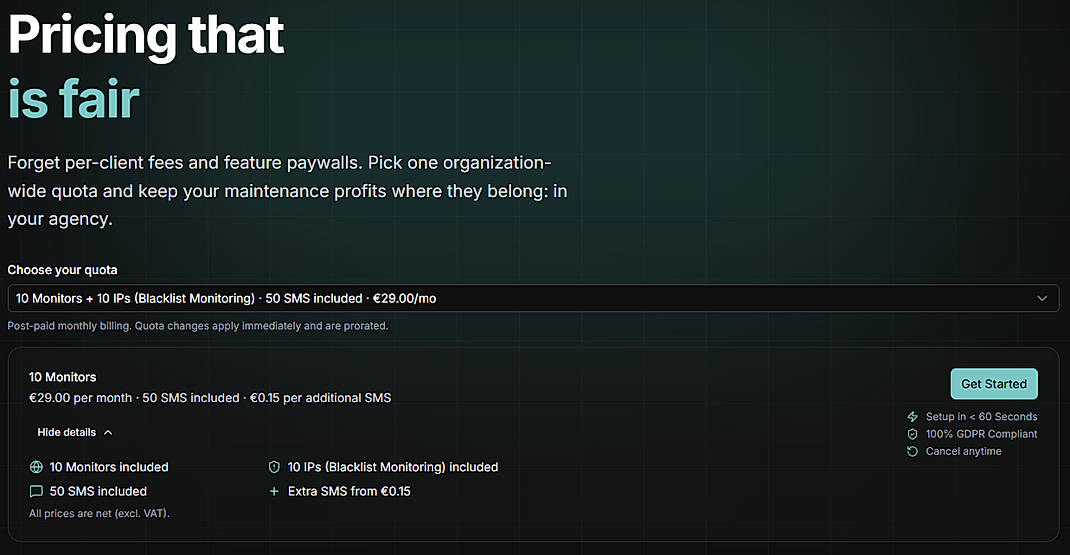 Pricing screenshot
